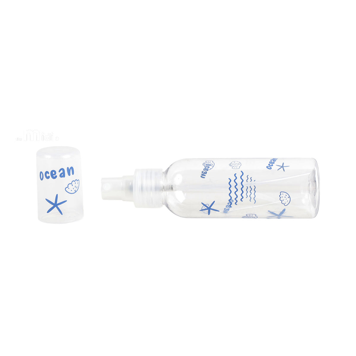 100ml travel spray bottle with clear body, blue ocean icons, and matching spray cap