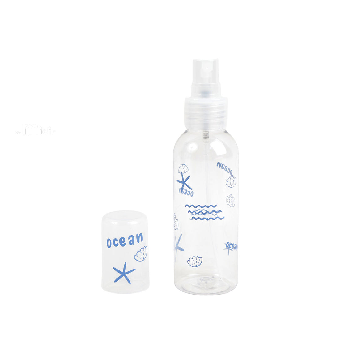 100ml travel empty spray bottle, clear plastic with blue ocean pattern and mist nozzle