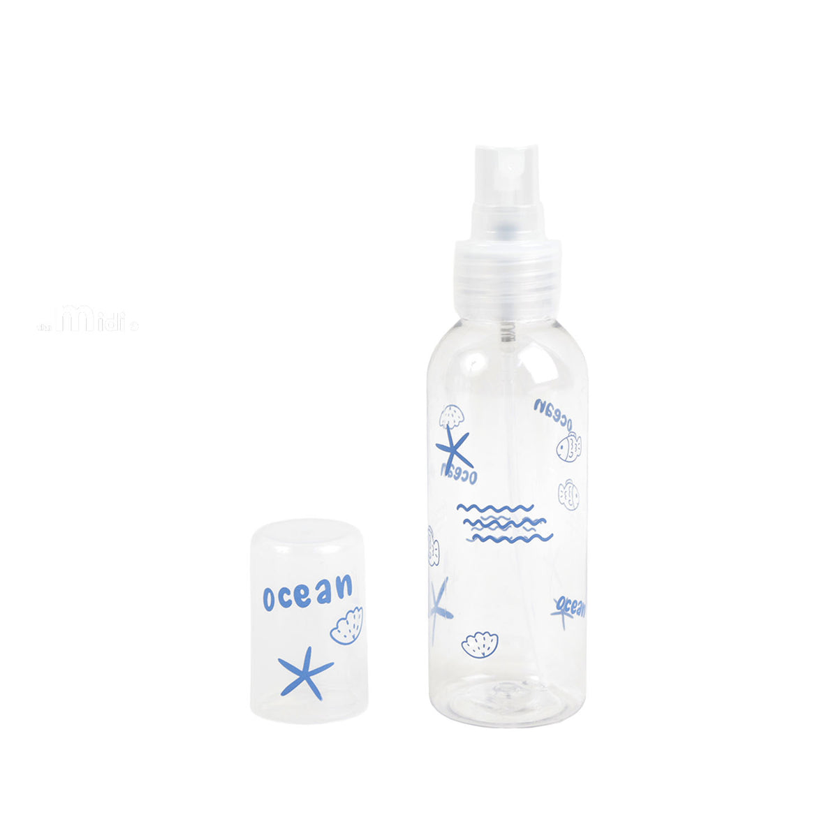 100ml travel empty spray bottle, clear plastic with blue ocean pattern and mist nozzle