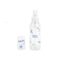 100ml travel empty spray bottle, clear plastic with blue ocean pattern and mist nozzle