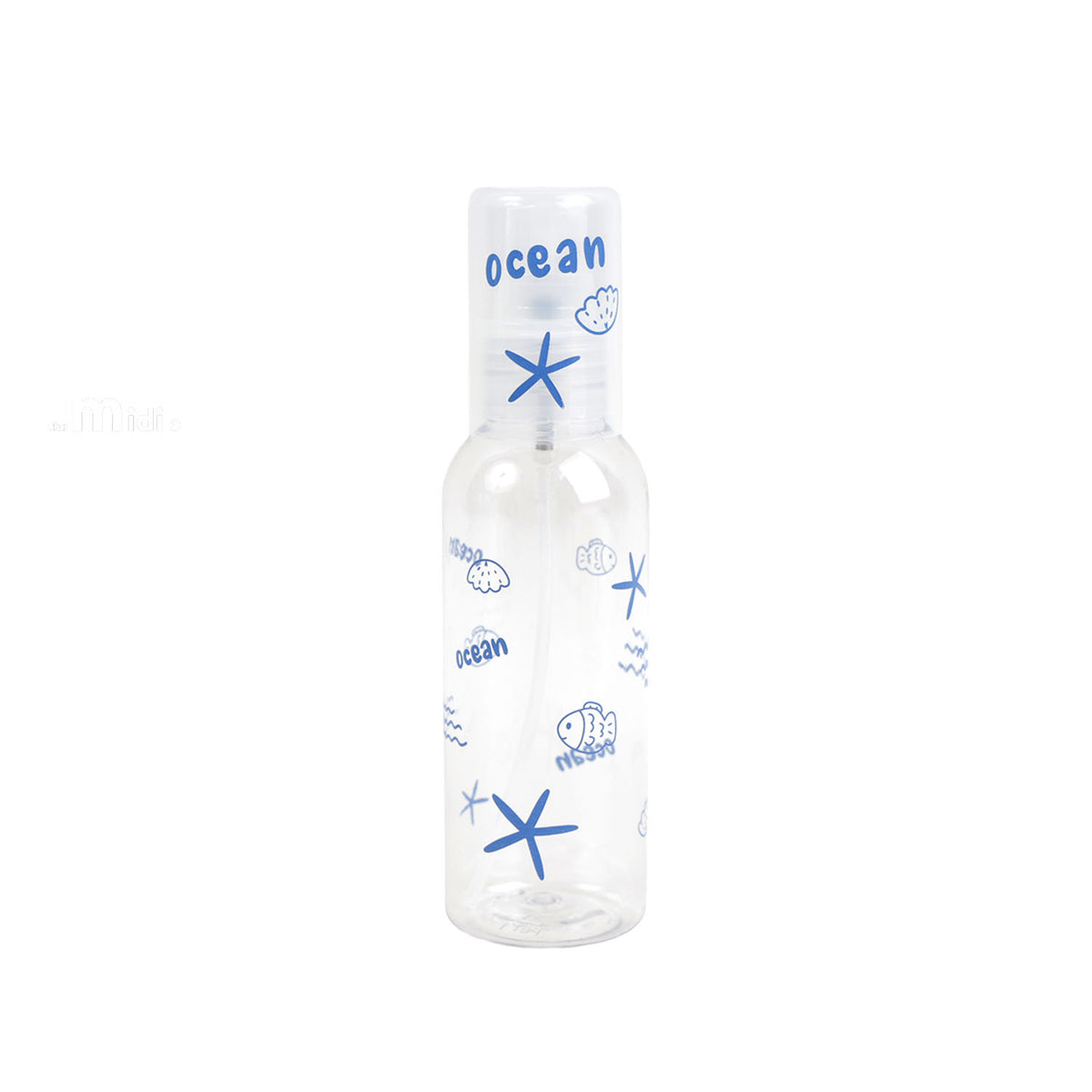 100ml travel empty spray bottle, clear plastic with blue starfish and wave print