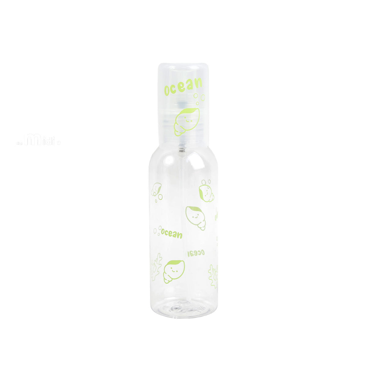 100ml travel empty spray bottle, clear plastic with green ocean-themed animal print