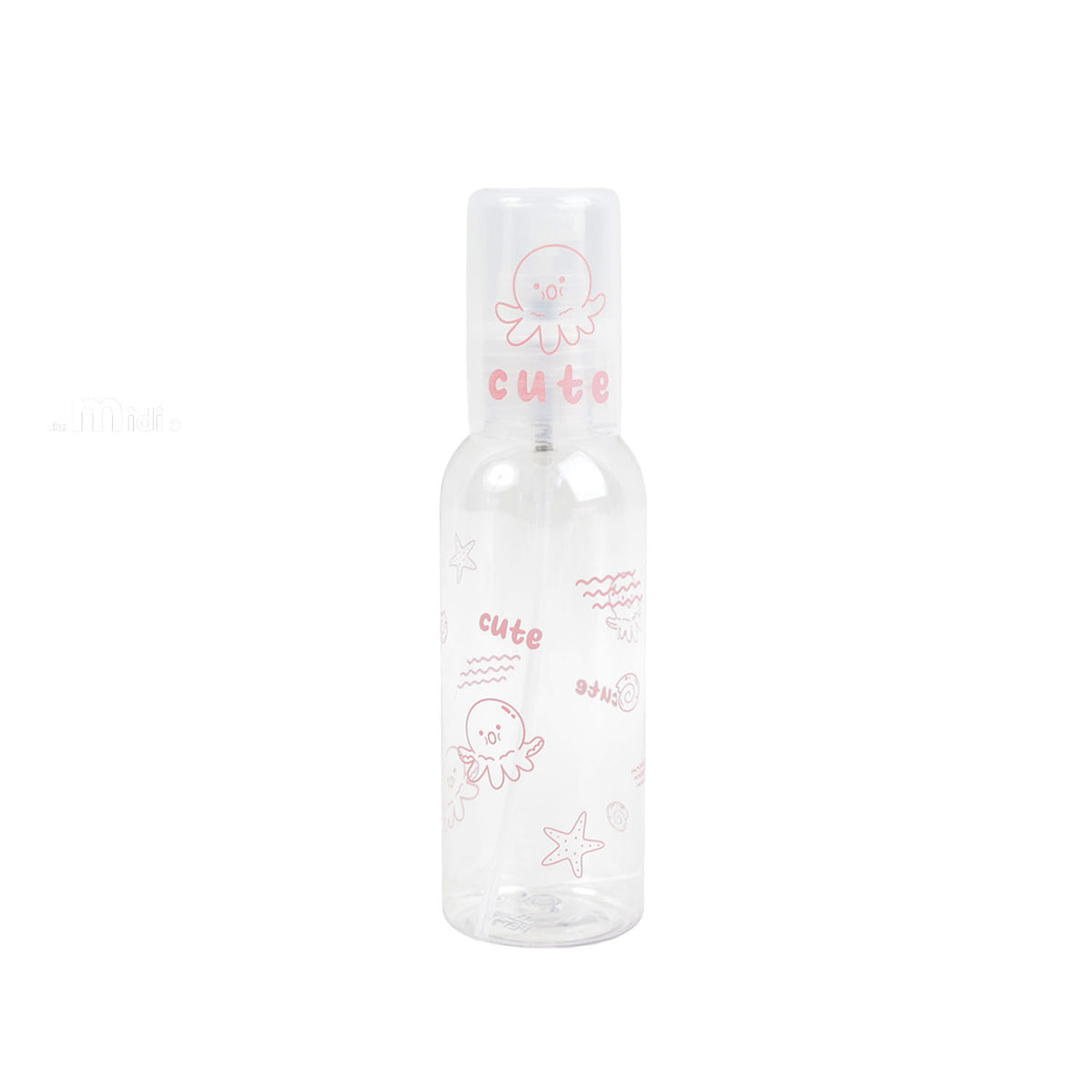 100ml travel empty spray bottle, clear plastic with pink octopus and starfish print
