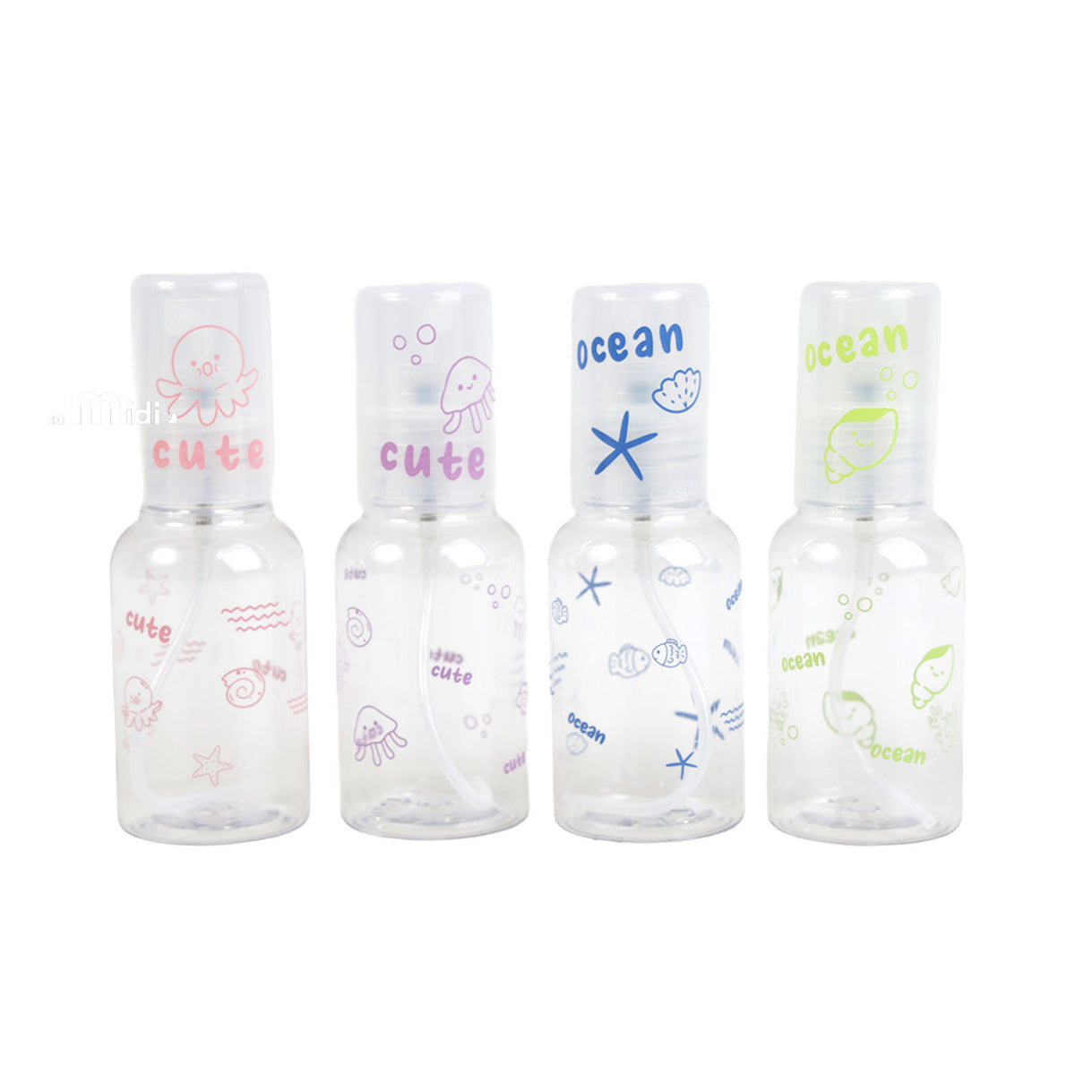 Set of four 70ml travel spray bottles with cute ocean prints, translucent plastic