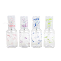 Set of four 70ml travel spray bottles with cute ocean prints, translucent plastic