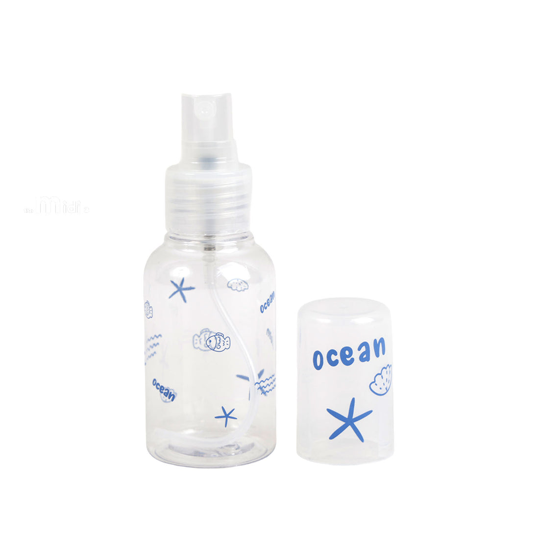 70ml travel spray bottle with blue ocean print and starfish, translucent plastic