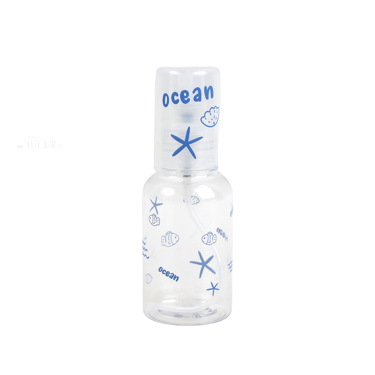 70ml travel spray bottle with blue ocean print and starfish, translucent plastic