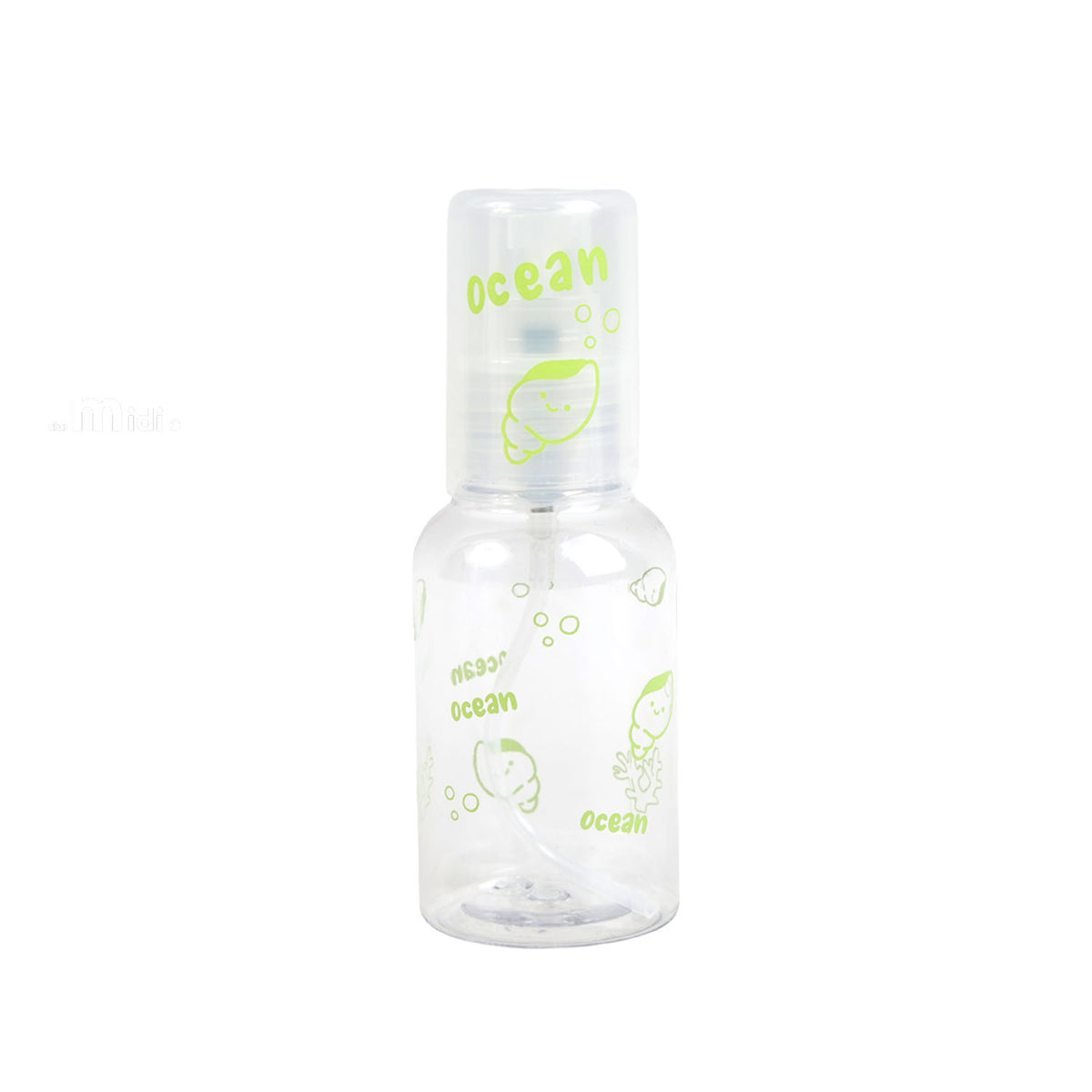 70ml travel spray bottle with green ocean print and sea creatures, translucent plastic