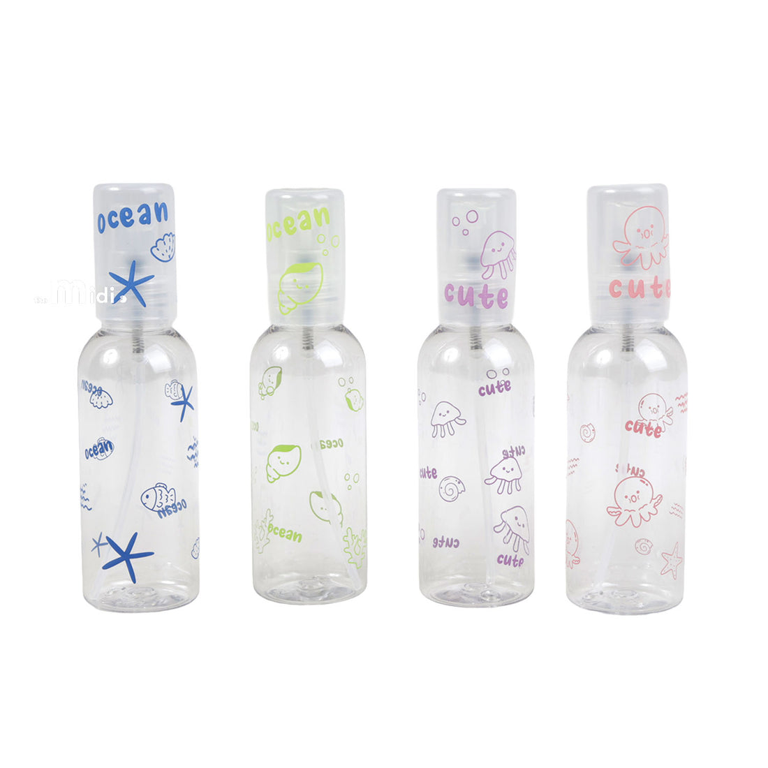 Set of 4 empty 80ml travel spray bottles, clear plastic with blue, green, purple, pink prints