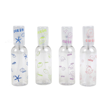Set of 4 empty 80ml travel spray bottles, clear plastic with blue, green, purple, pink prints