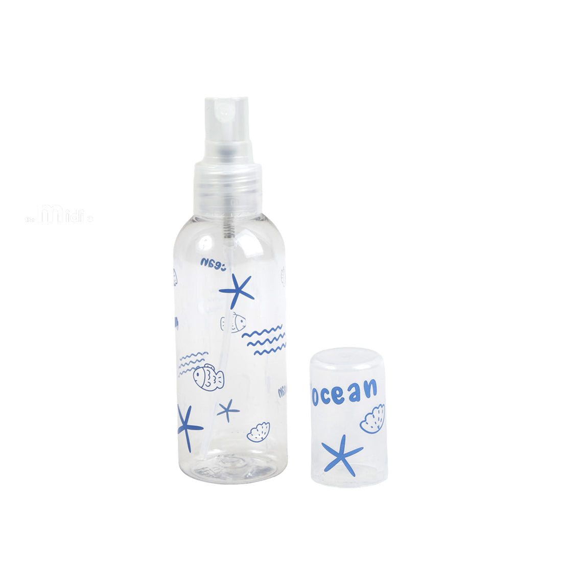 Blue 80ml empty travel spray bottle with clear cap, plus matching mini bottle