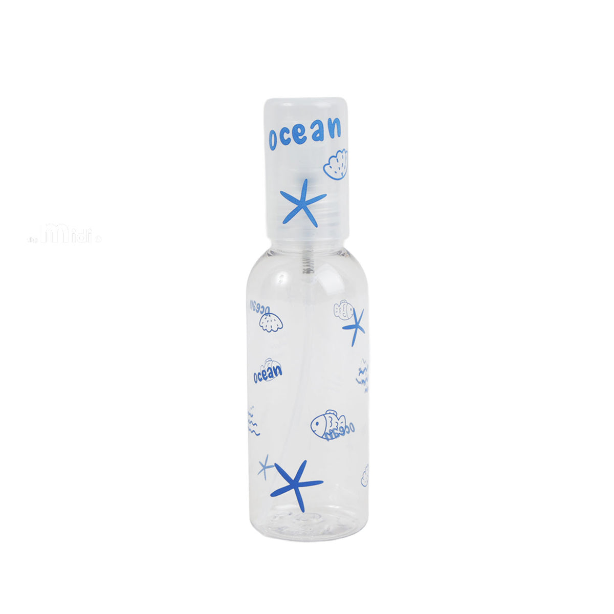 Clear 80ml empty travel spray bottle with blue ocean doodle print and mist spray top