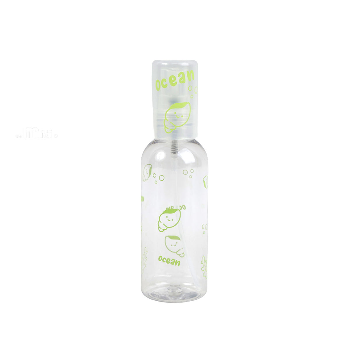 Green 80ml empty travel spray bottle with clear cap, featuring cute ocean animal prints