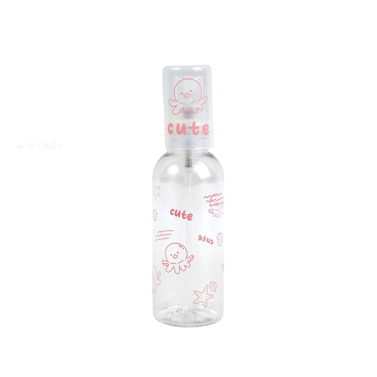 Pink 80ml empty travel spray bottle with clear cap, decorated with starfish and jellyfish icons