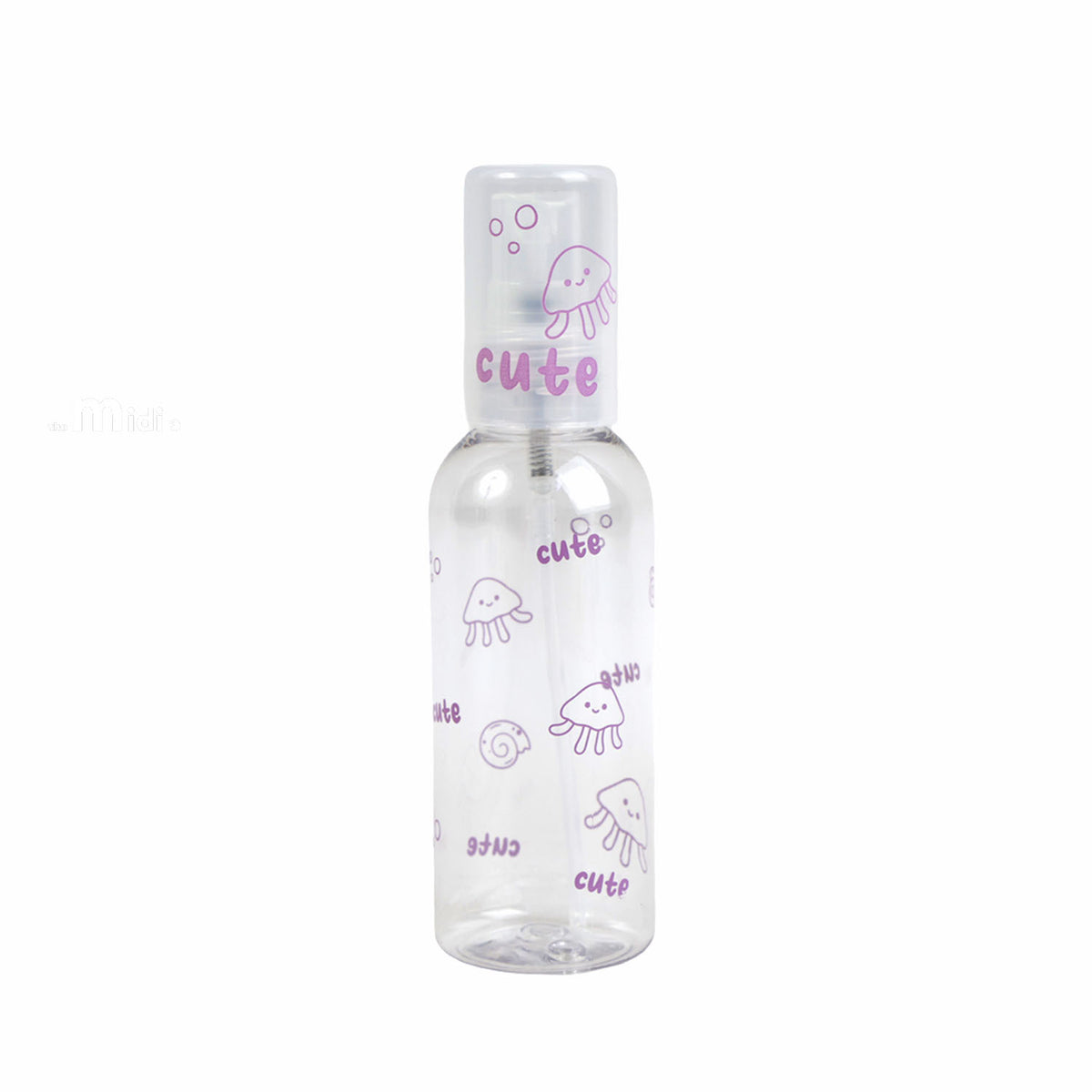 Purple 80ml empty travel spray bottle with clear cap, patterned with jellyfish and cute text