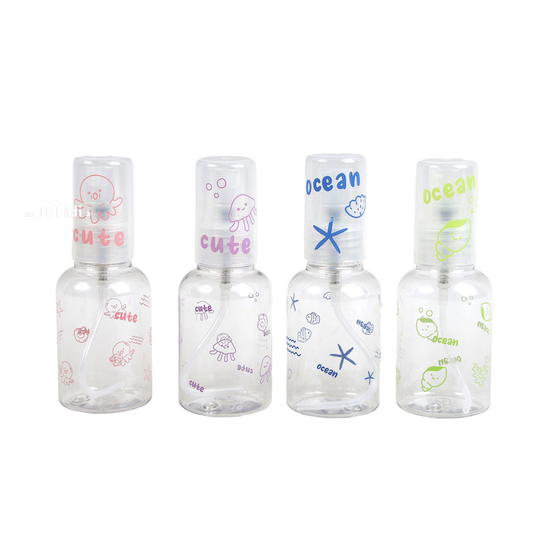 Set of 4 travel empty spray bottles with clear plastic and ocean-themed prints