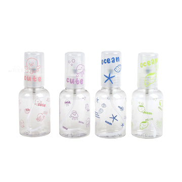 Set of 4 travel empty spray bottles with clear plastic and ocean-themed prints