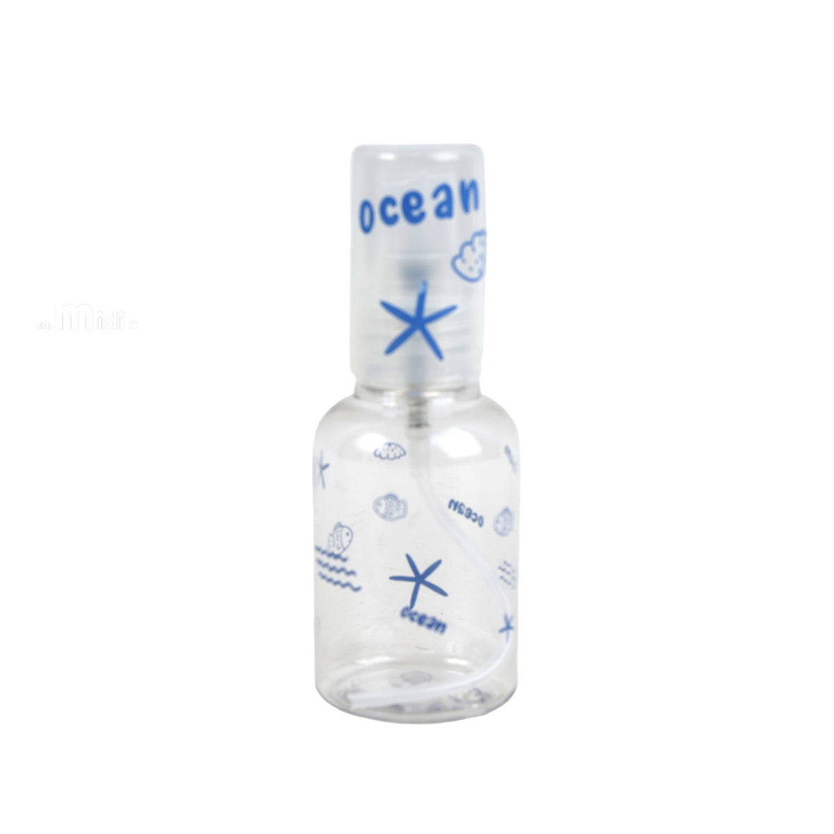 Blue ocean travel empty spray bottle with clear body and starfish prints