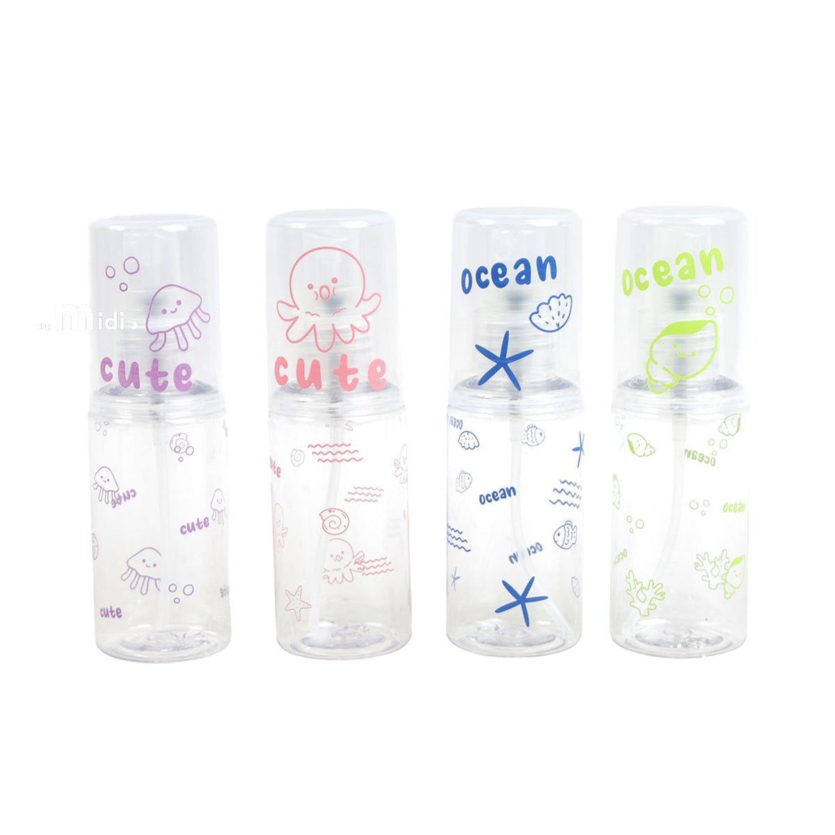 Set of 4 travel empty spray bottles with ocean-themed prints (purple, pink, blue, green)