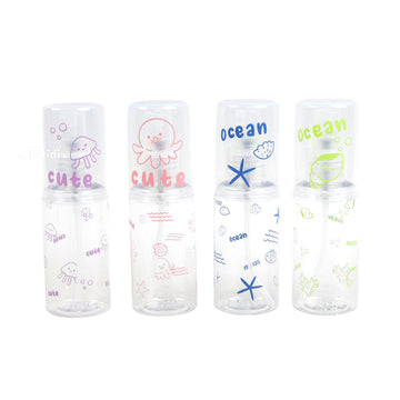 Set of 4 travel empty spray bottles with ocean-themed prints (purple, pink, blue, green)