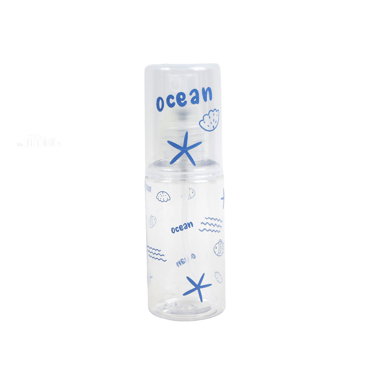 Travel empty spray bottle with blue 'ocean' text, transparent body and spray nozzle