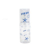 Travel empty spray bottle with blue 'ocean' text, transparent body and spray nozzle