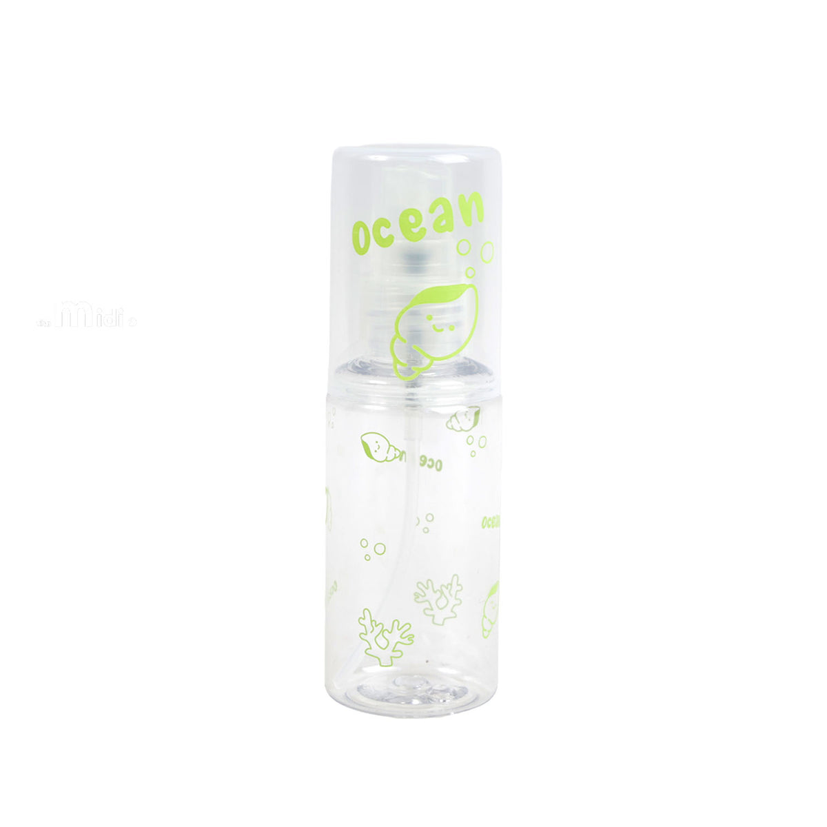 Travel empty spray bottle with green 'ocean' and sea coral prints, translucent body
