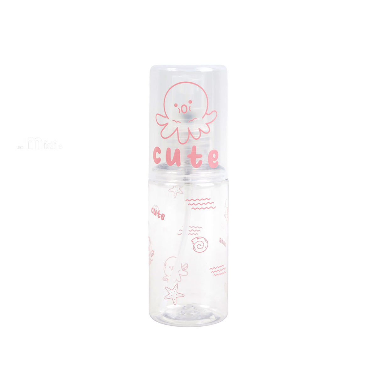 Travel empty spray bottle with pink jellyfish and 'cute' print, translucent body