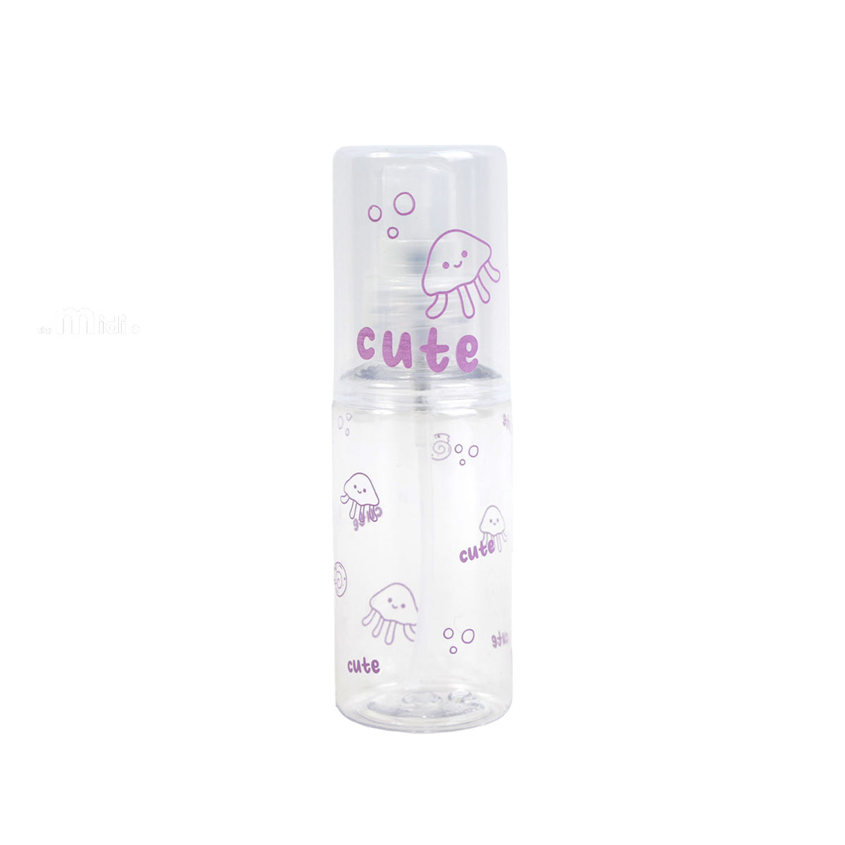 Travel empty spray bottle with purple jellyfish and 'cute' print, translucent body
