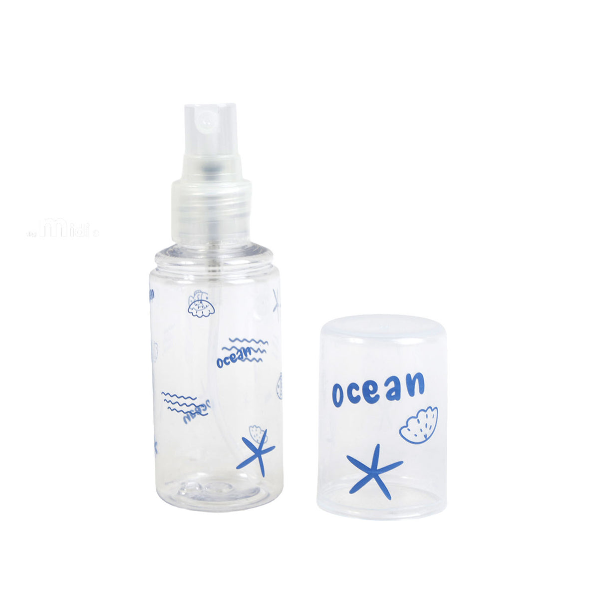 Travel empty spray bottle with blue ocean graphics and starfish on transparent body