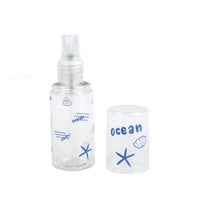 Travel empty spray bottle with blue ocean graphics and starfish on transparent body