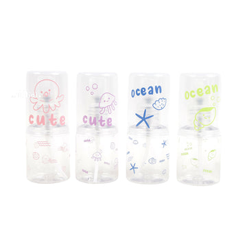 Mixed set of travel empty spray bottles with cute ocean graphic labels