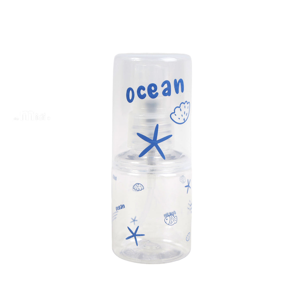 Travel empty spray bottle with clear body and blue ocean print, spray pump top