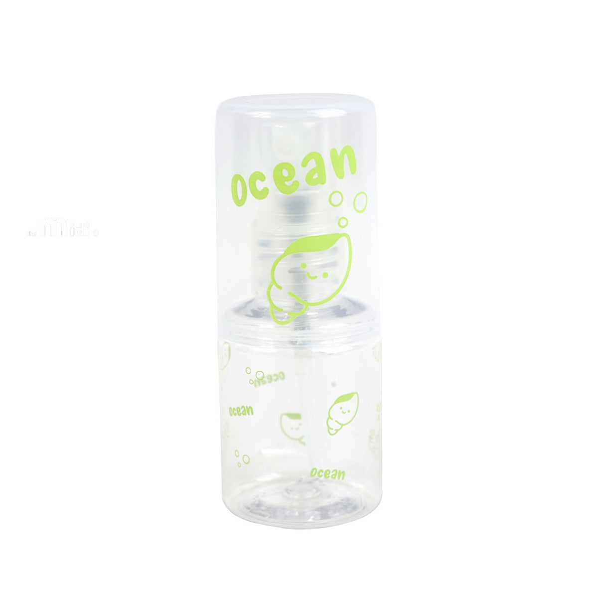 Travel empty spray bottle with clear body and green ocean print, spray pump top