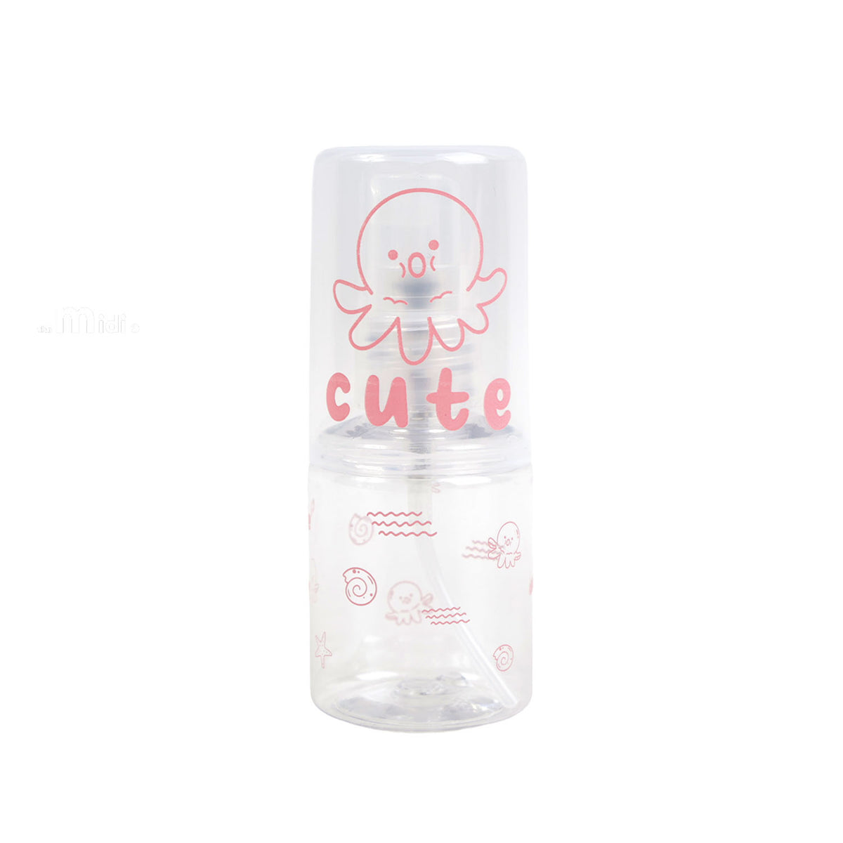 Travel empty spray bottle with clear body and pink cute sea animal print, pump top