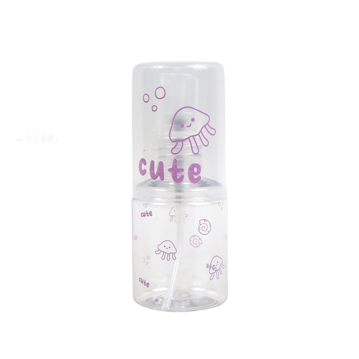 Travel empty spray bottle with clear body and purple cute jellyfish print, pump top