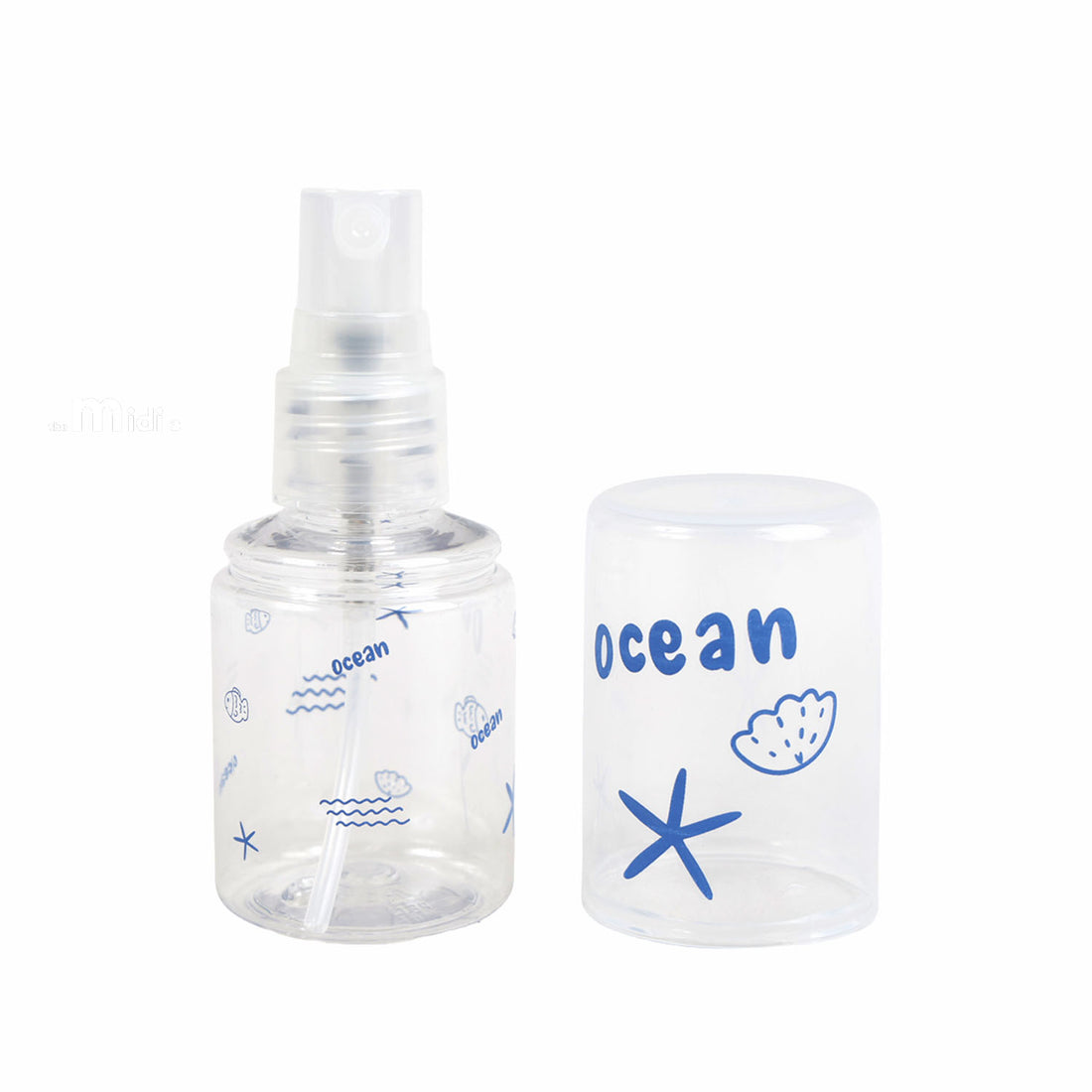 Travel empty spray bottle with clear body and blue ocean print, spray pump top