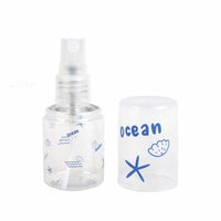 Travel empty spray bottle with clear body and blue ocean print, spray pump top