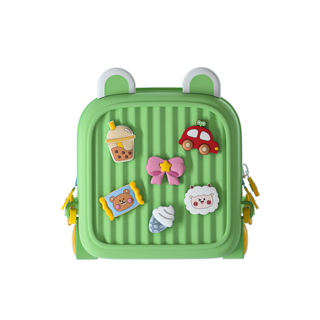 Children's backpack, bright green front with five colorful sewn character patches