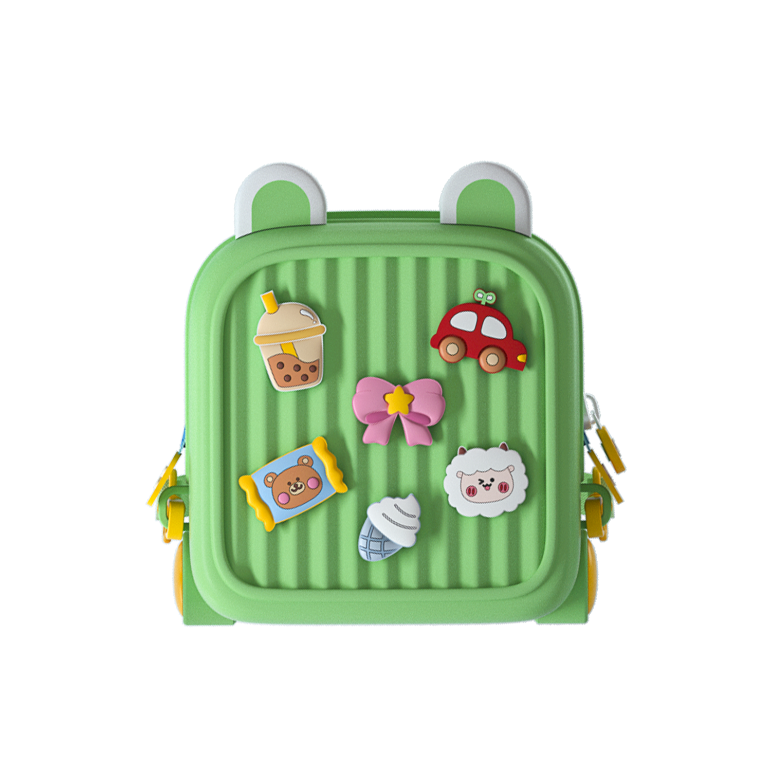 Children's backpack, bright green front with five colorful sewn character patches