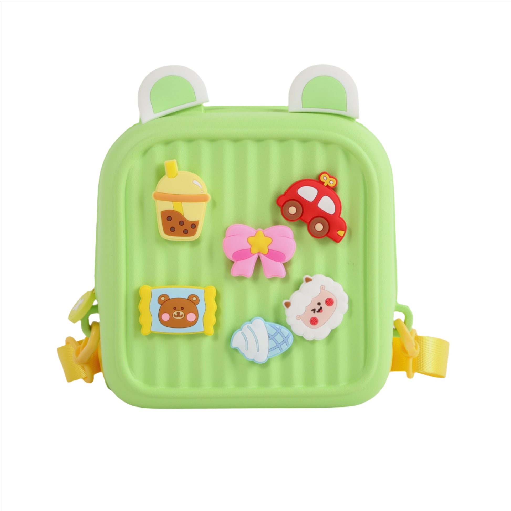 Children's backpack, bright green front with character and star patches