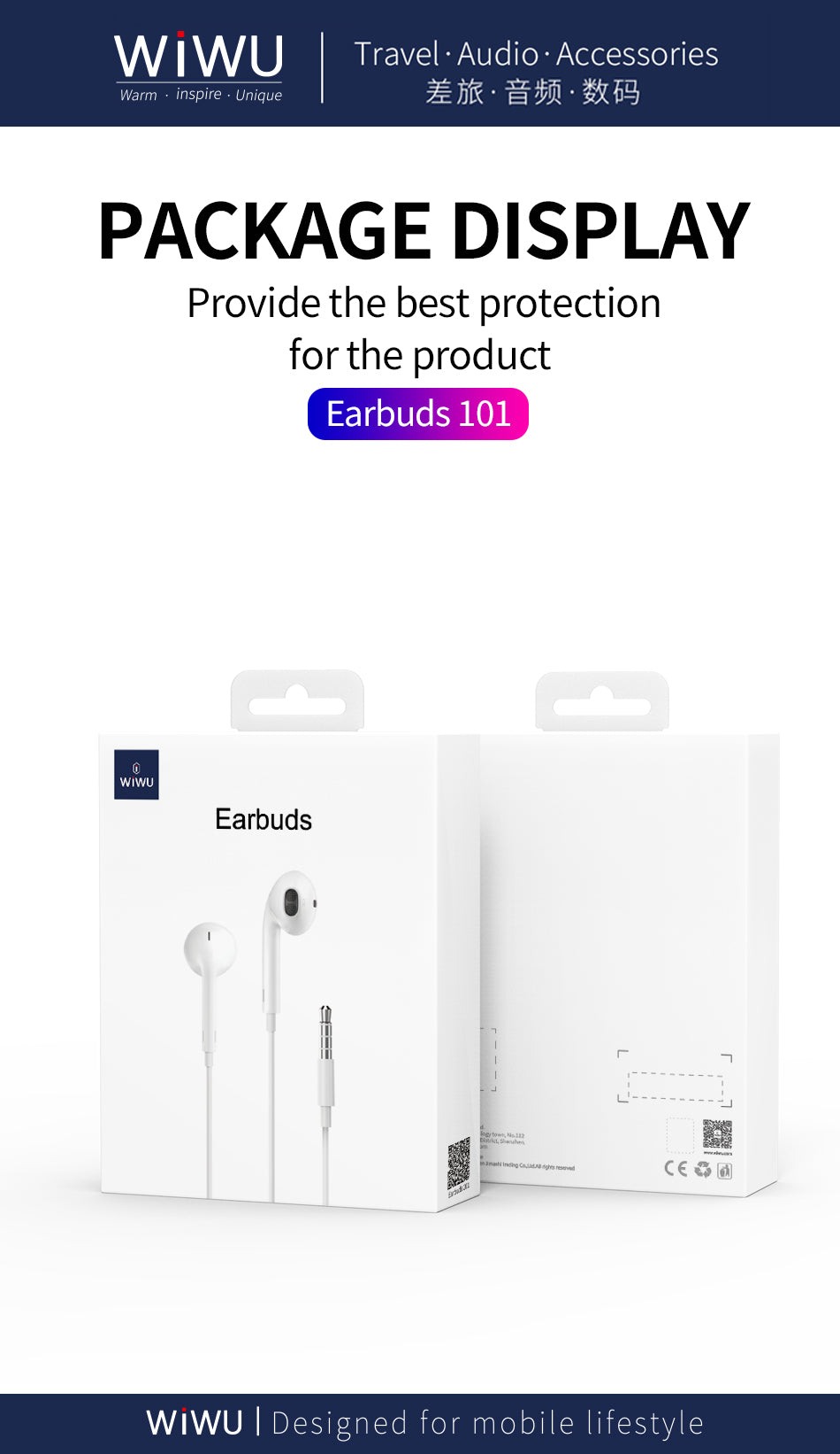Earbuds retail package box, white and blue travel audio accessories