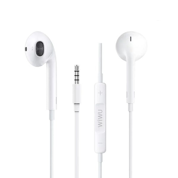 White wired in-ear earbuds with inline remote and 3.5mm audio plug