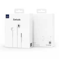 Earbuds retail box packaging with earbud product image and diagram