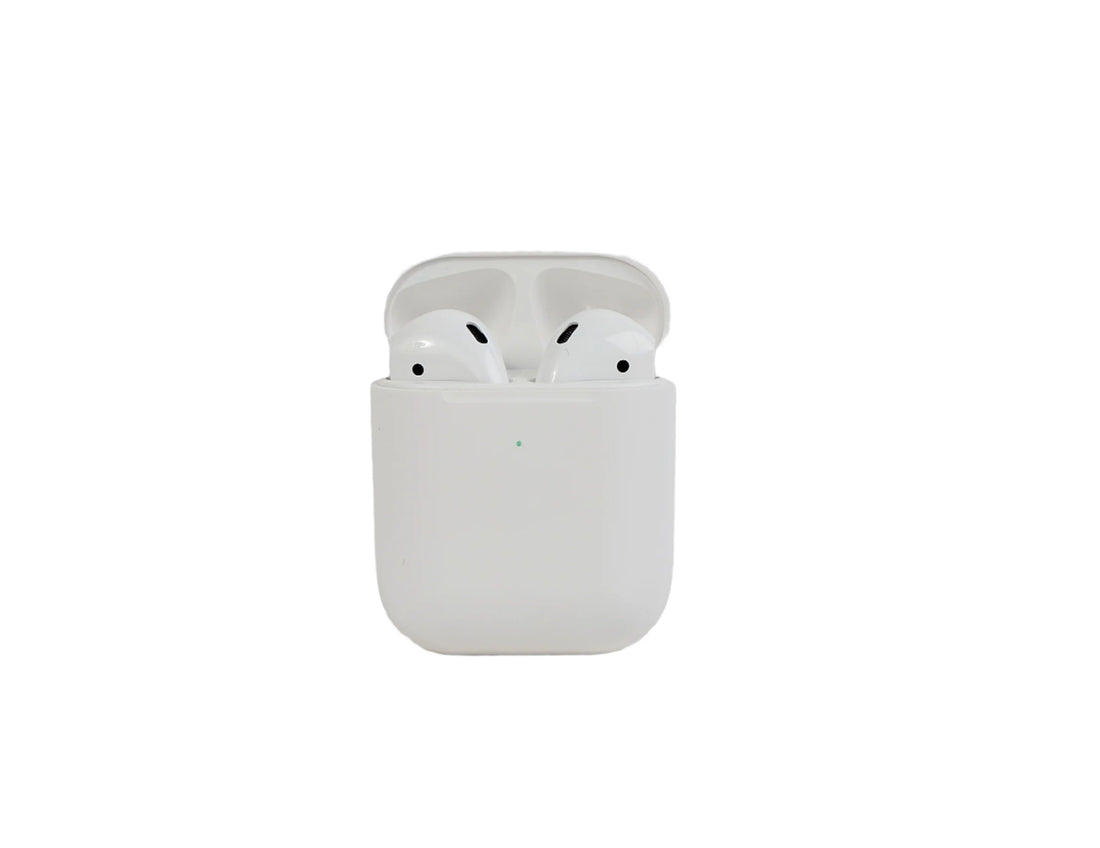 Wireless earbuds case with two white earbuds and charging ports visible