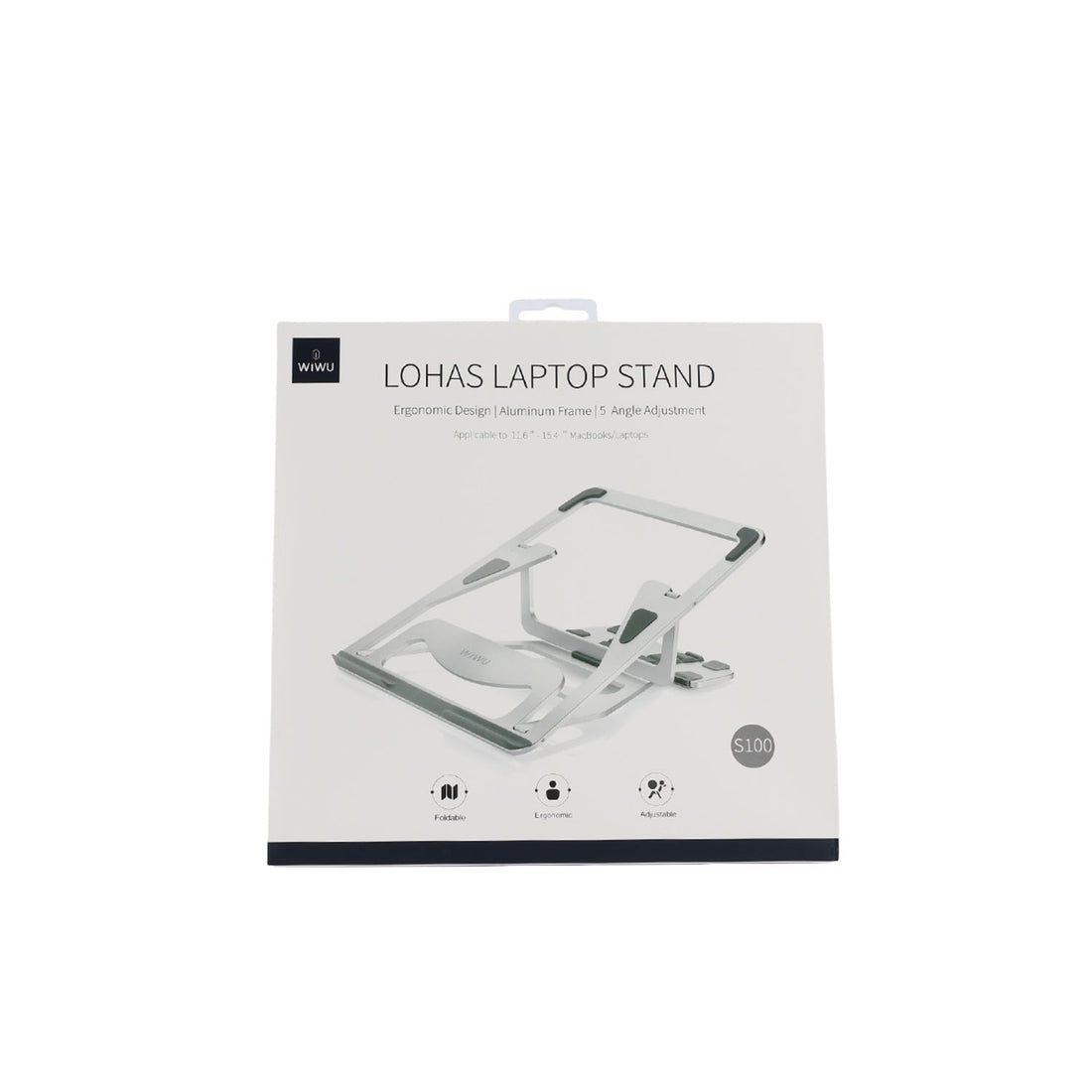 Aluminium laptop stand retail box with angled stand illustration and support cutouts