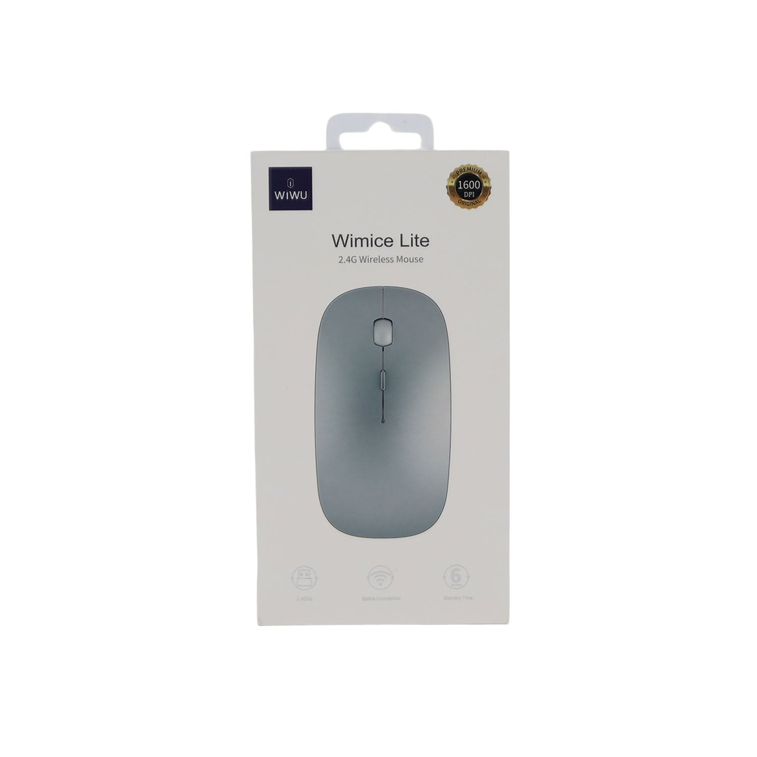 Wireless mouse retail box with grey mouse