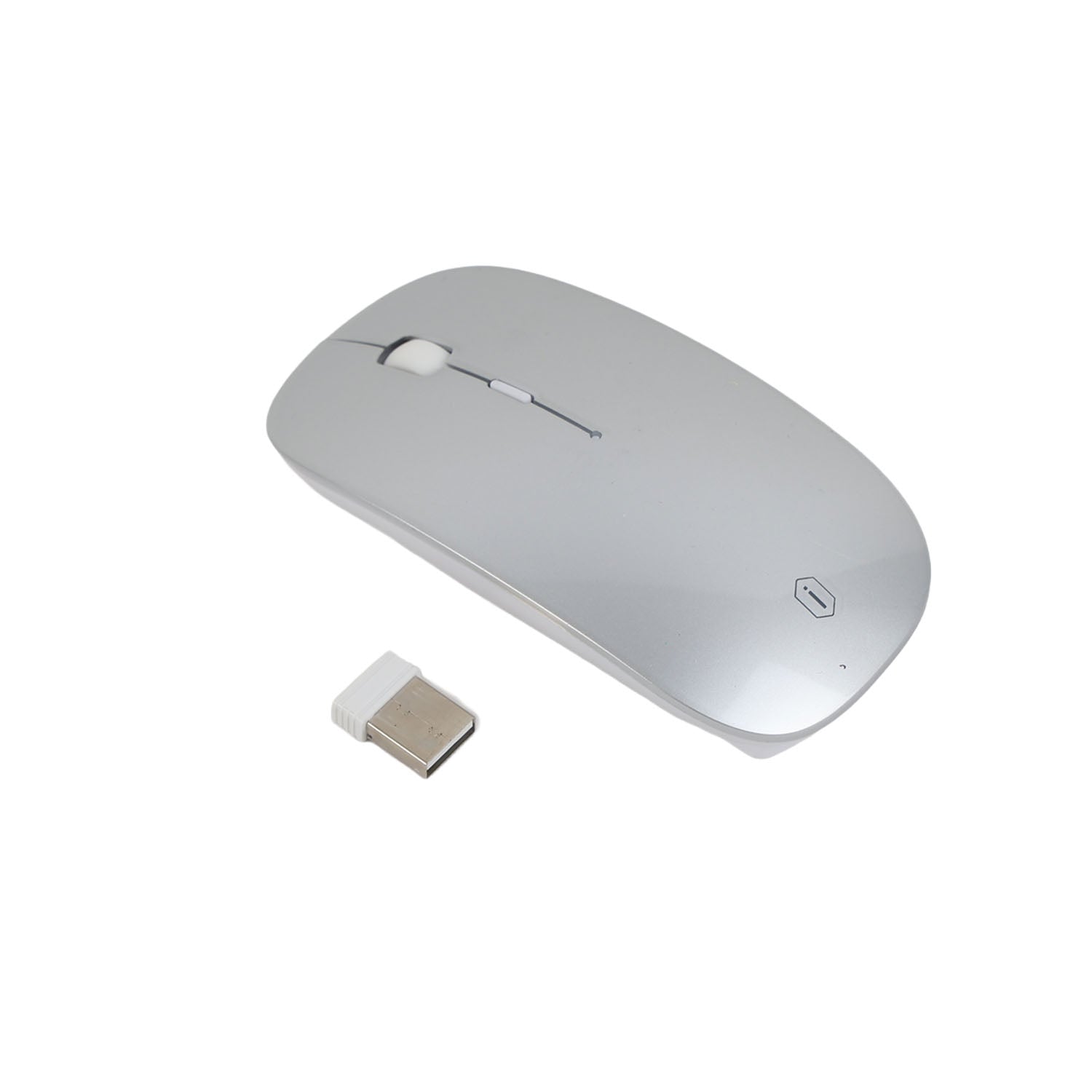 Grey wireless mouse with USB receiver dongle