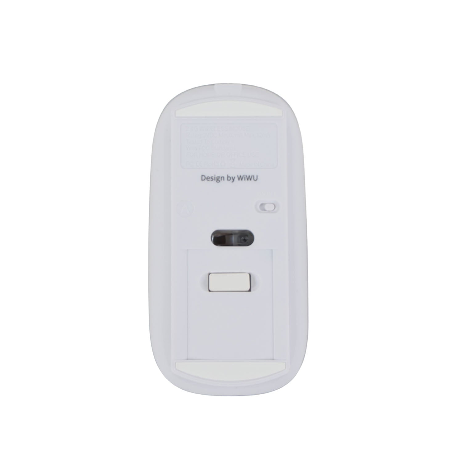 White underside of wireless mouse with sensor window and power switch