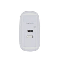 White underside of wireless mouse with sensor window and power switch